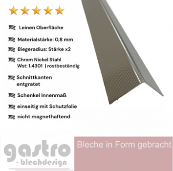 Edelstahl Kantenabdeckung in Leinen Struktur.